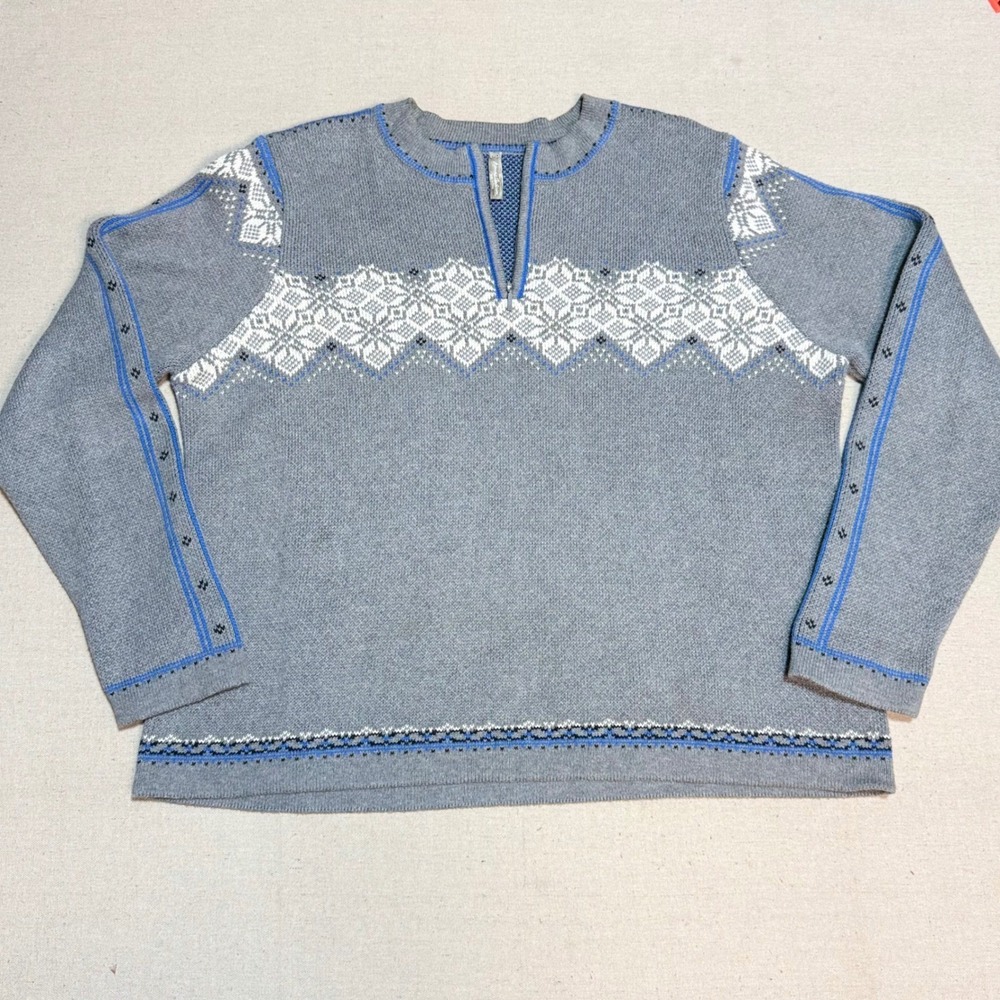Hanna Andersson Sweater XL Nordic Fair Isle Zip Neck 100% Cotton Grey Blue